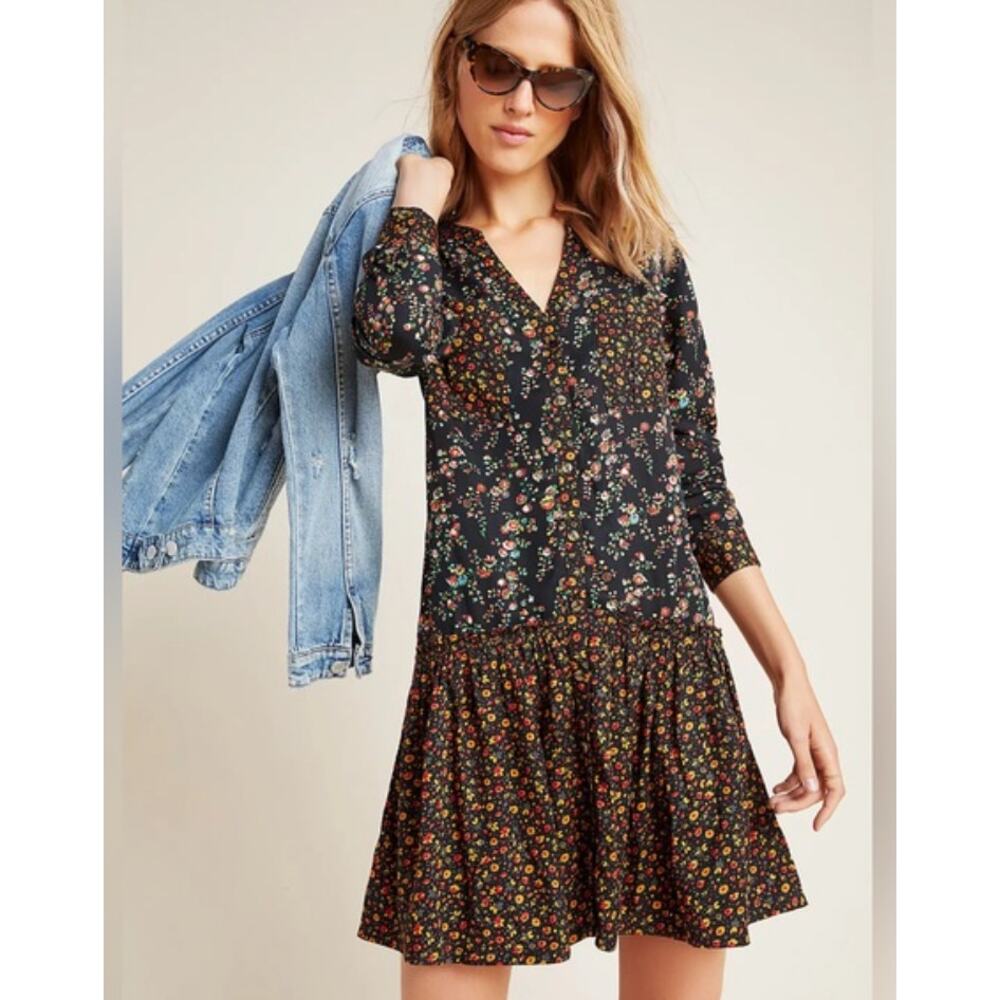Maeve Anthropologie Marlie button front chambray floral tunic dress Size 12P